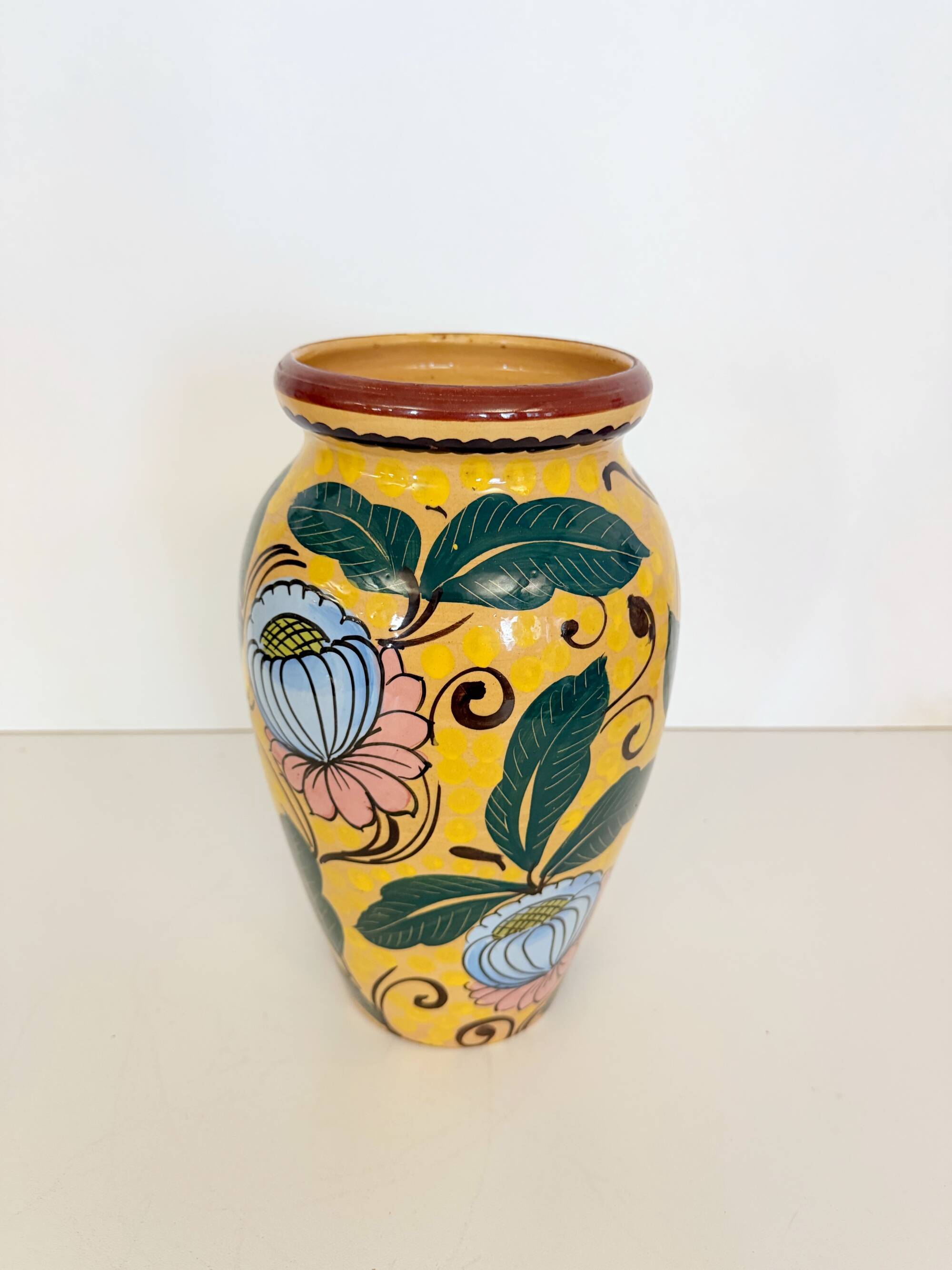Art Deco Yellow Glazed Earthenware Vase with Futurist Floral Motifs, Italy