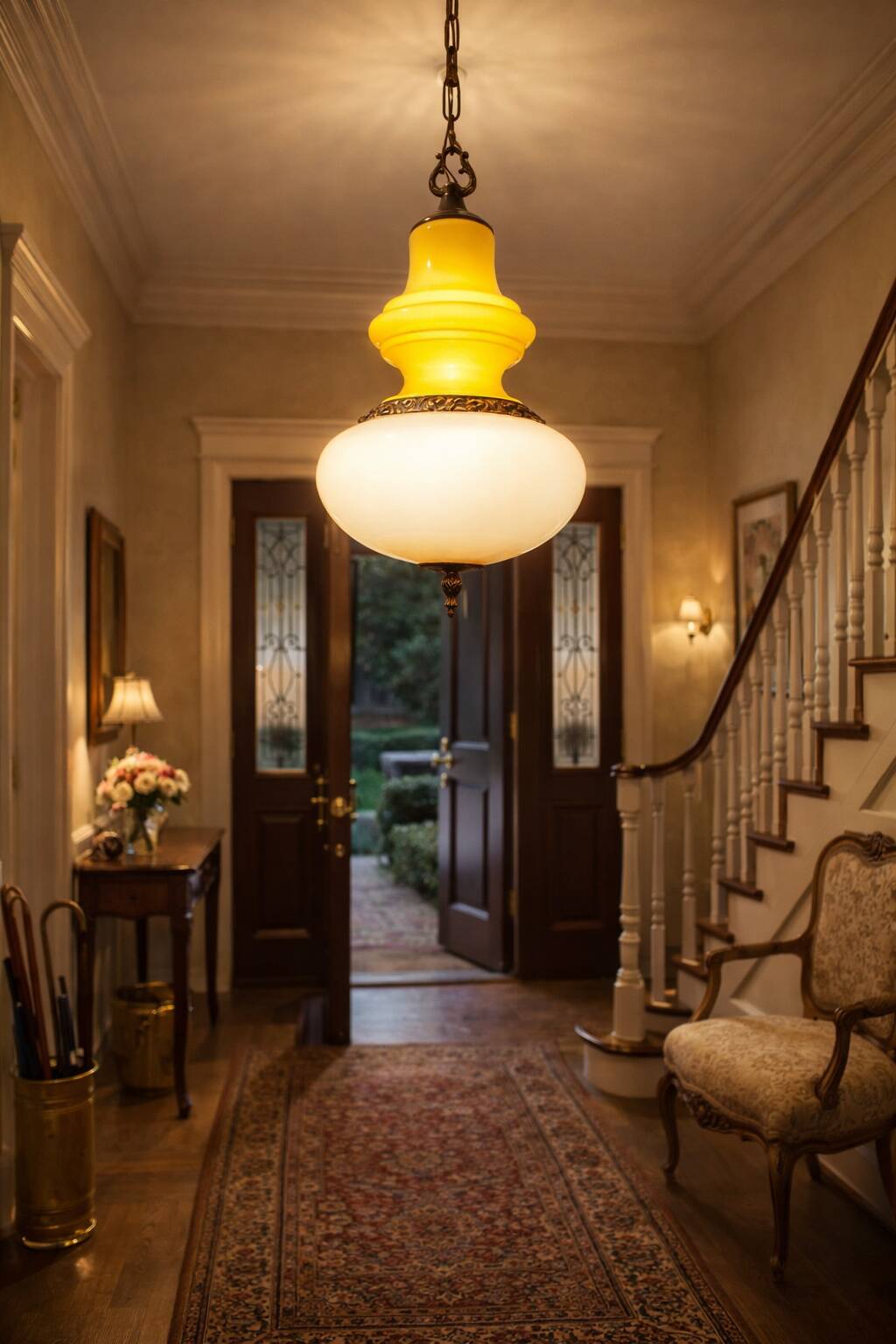 Opaline glass and brass suspension, Italy, 1960s.
