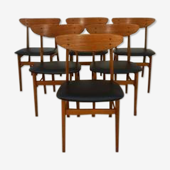 Series of six Scandinavian chairs in teak and natural wood model 210 Farstrup
