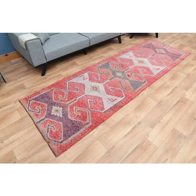 1970s Turkish Oushak Handmade Wool Cotton Pink Area Rug 103x335