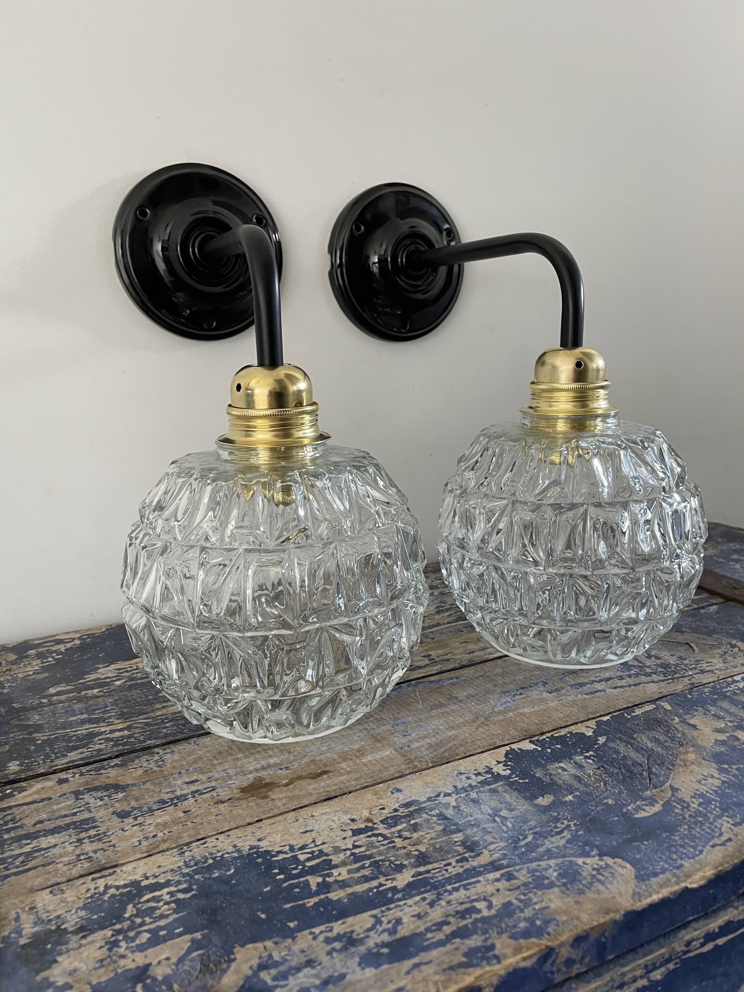 Pair of wall sconces globes in chiseled glass