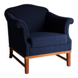 Fauteuil lounge bleu marine bouclé | Suède | Années 1940