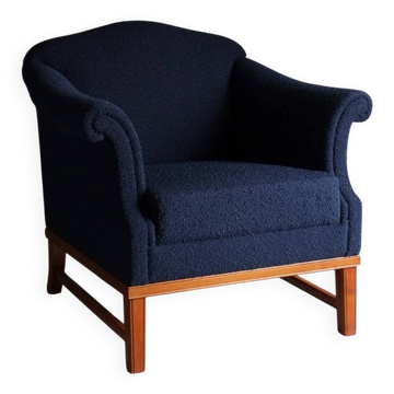 Fauteuil lounge bleu marine bouclé | Suède | Années 1940