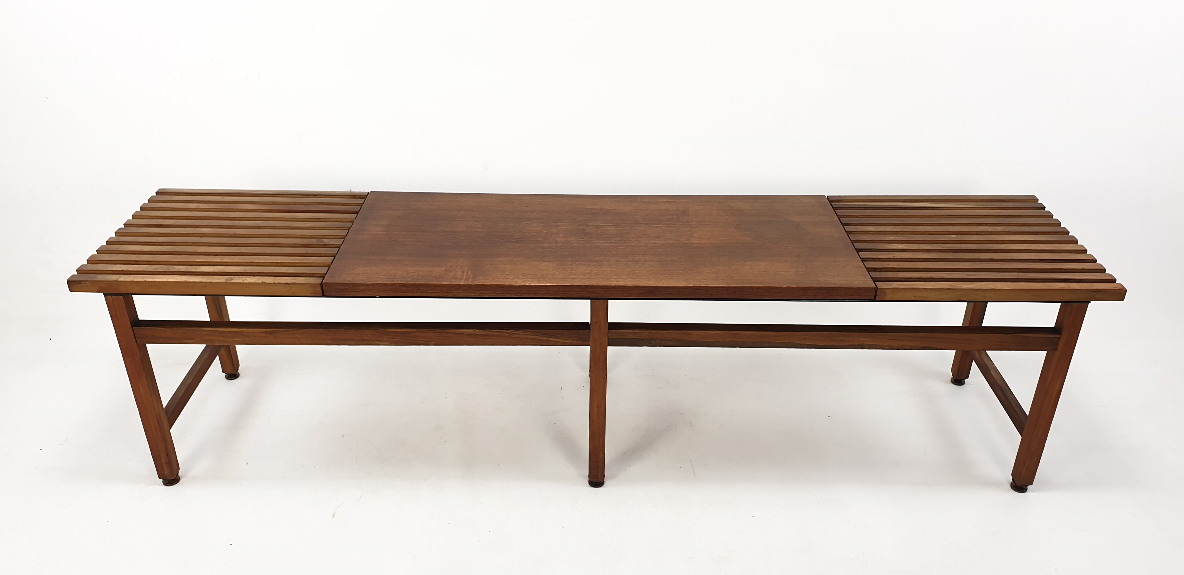 Bench in walnut and teak with brass feet, italy 1950s