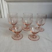 Set of 5 small pink crystal stemmed glasses