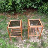 Pair of bamboo and smoked glass tables