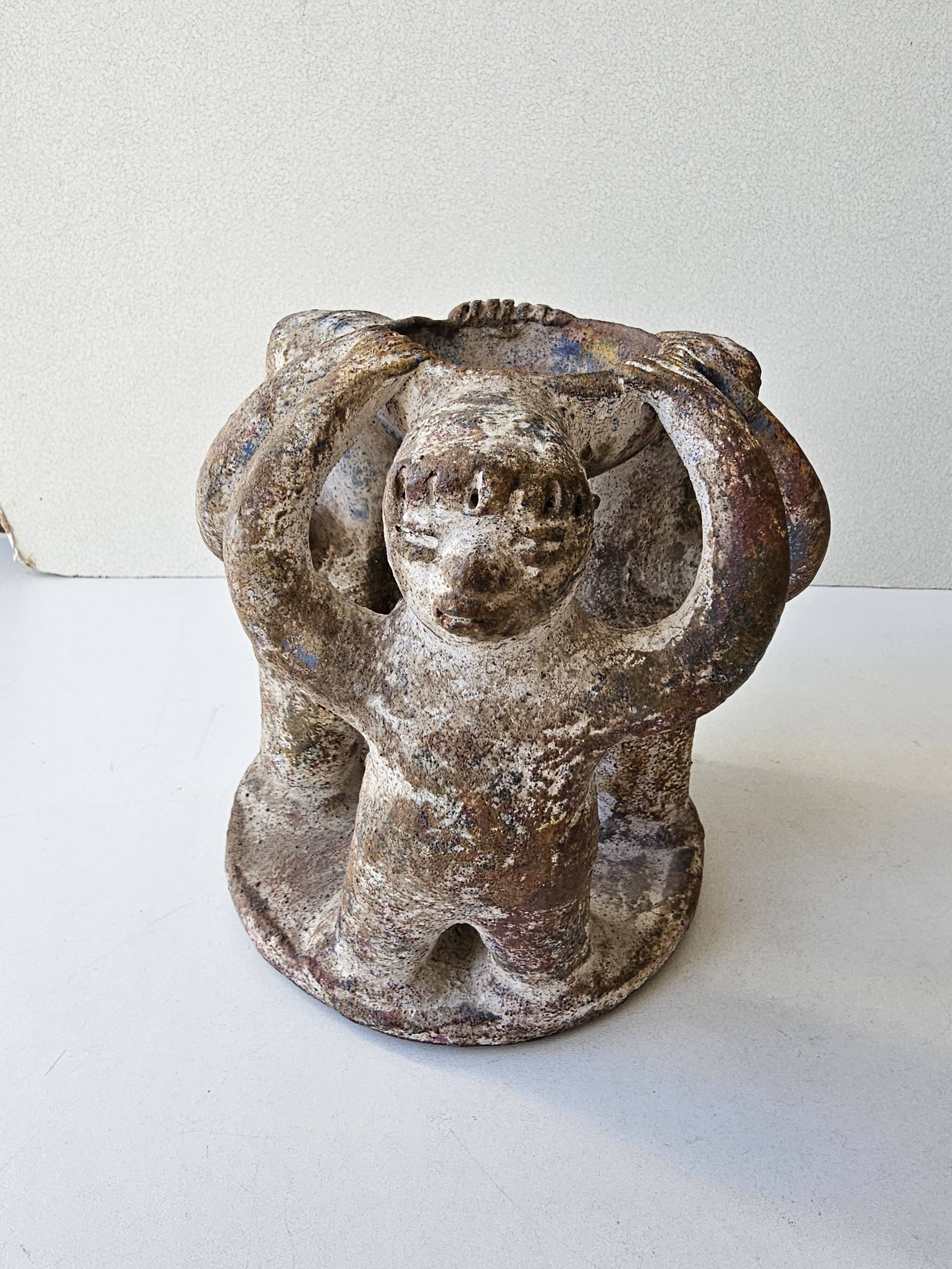 Terracotta Candle Holder Dancing 3 Aztec Characters - Tribal Art