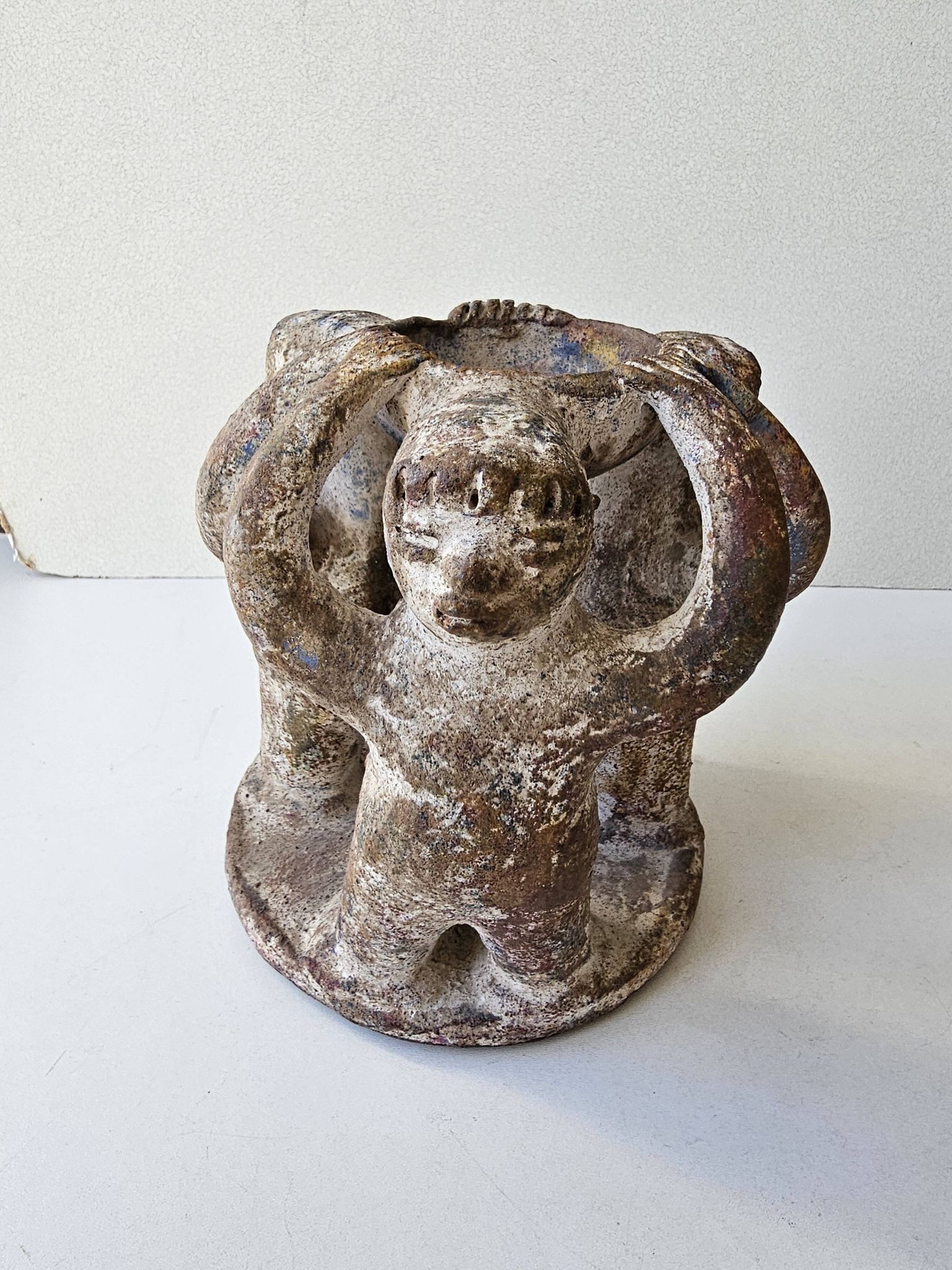 Terracotta Candle Holder Dancing 3 Aztec Characters - Tribal Art