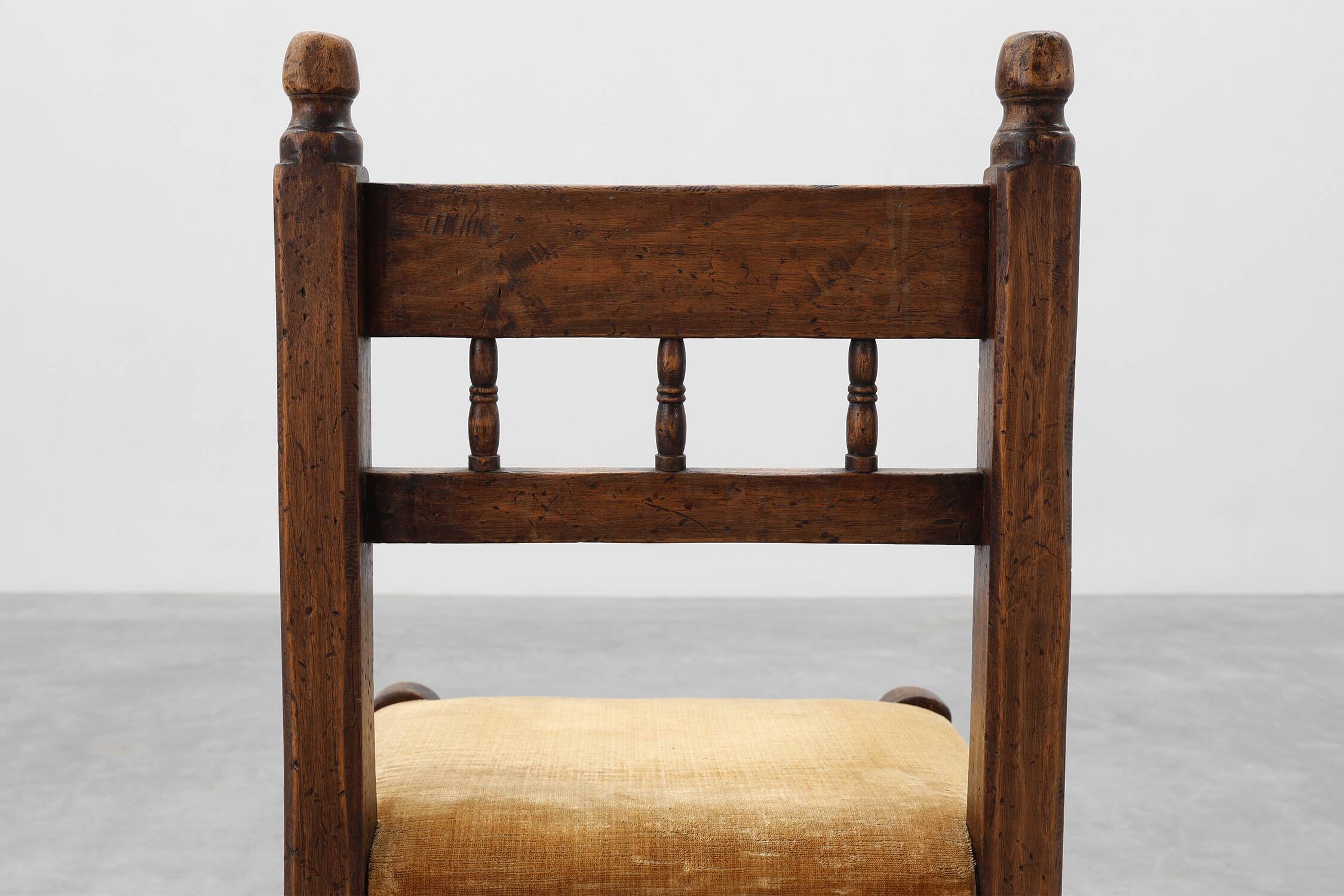 19th Century Spanish Hand-Carved oak Side Chair with Velour Seat