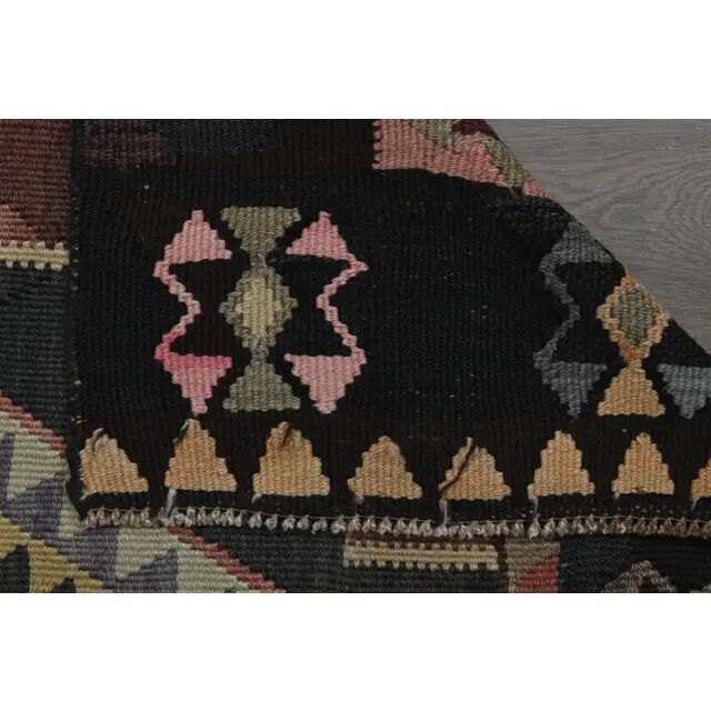 70's Brown Turkish Oushak Handmade Wool Geometric Motif Runner Rug 123x293