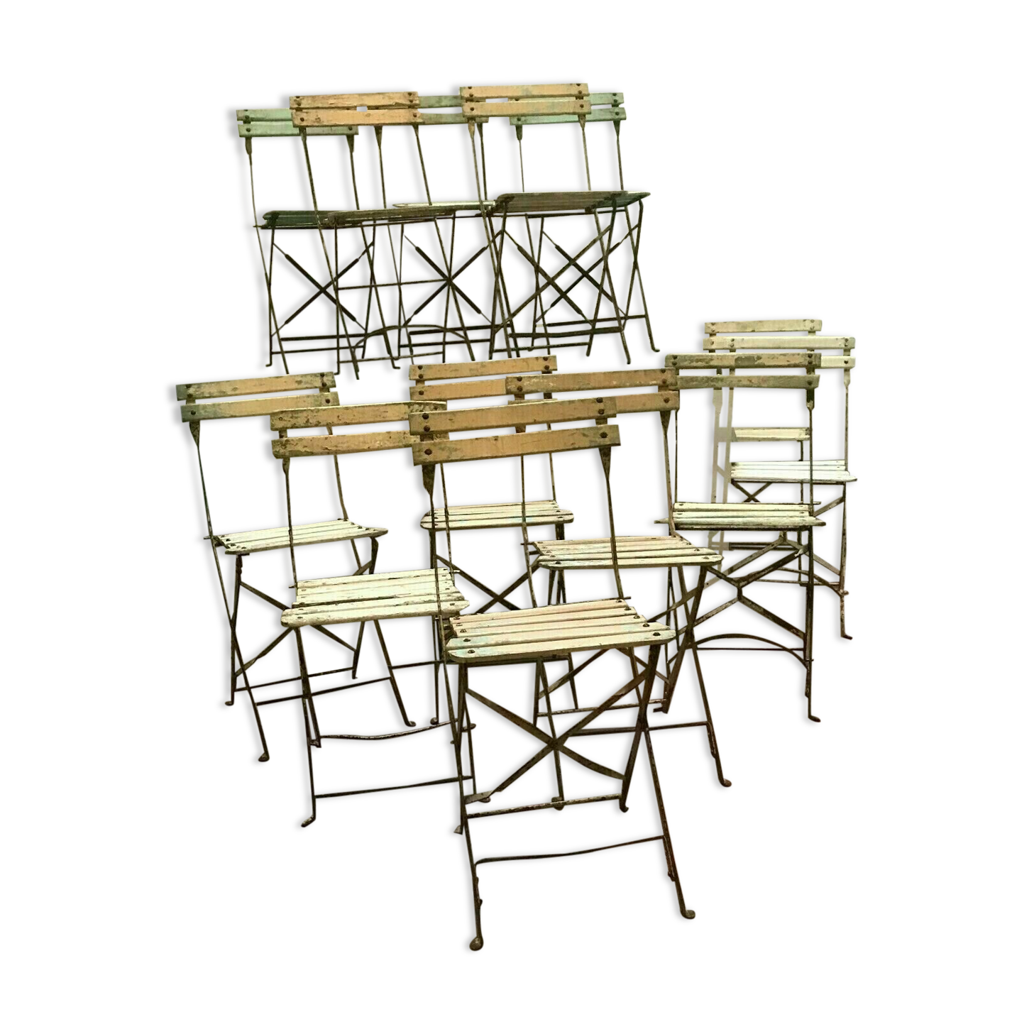 Folding chairs in iron and wooden blade XX century