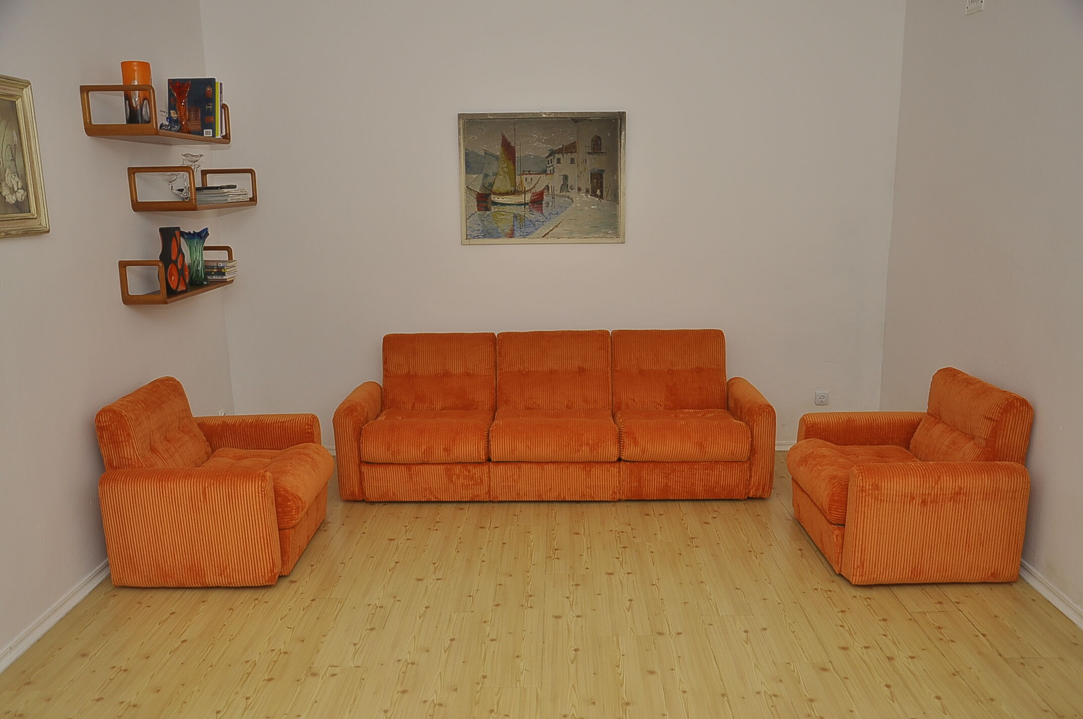 Orange corduroy modular sofa, 1970s.