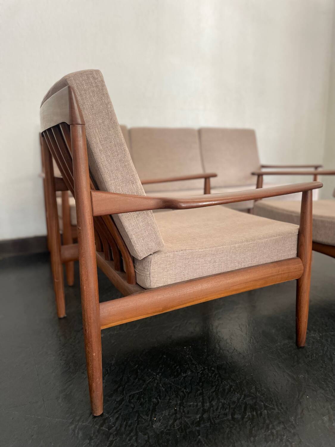 Vintage Scandinavian teak lounge — 3-seater sofa and two armchairs.