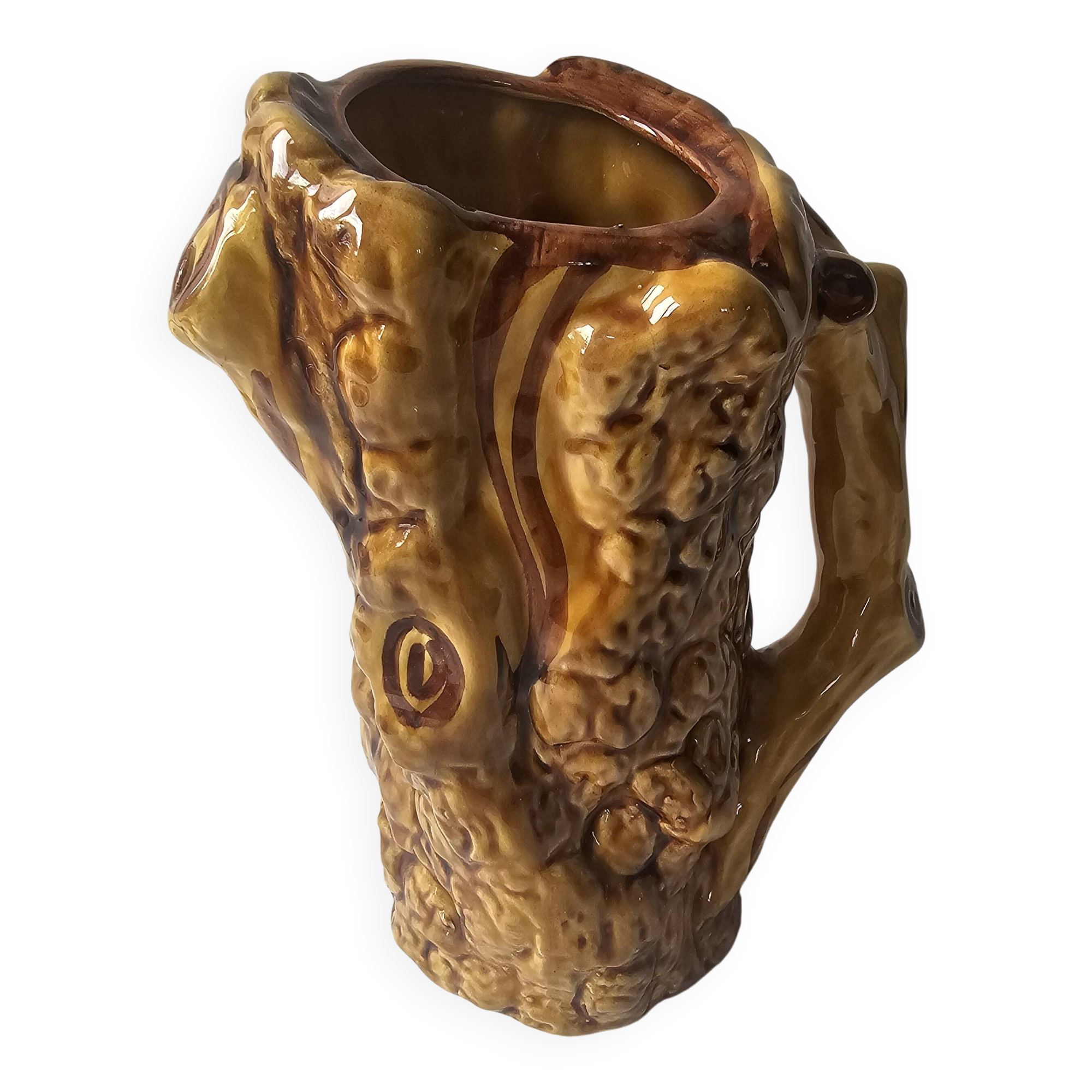 Ceramic jug resembling a tree trunk signed Aegitna Vallauris Years