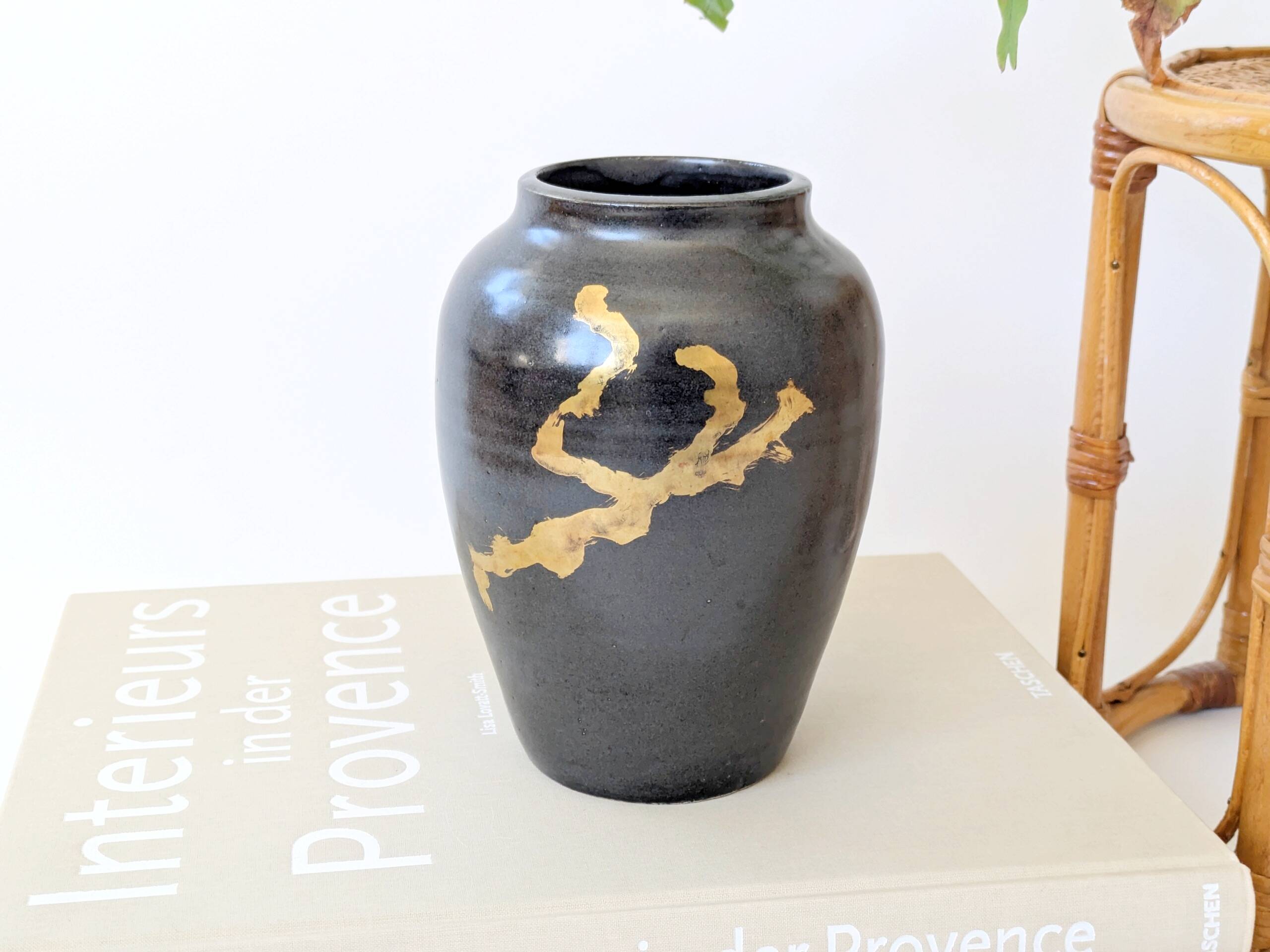 Vintage ceramic vase, black and gold, Japandi style