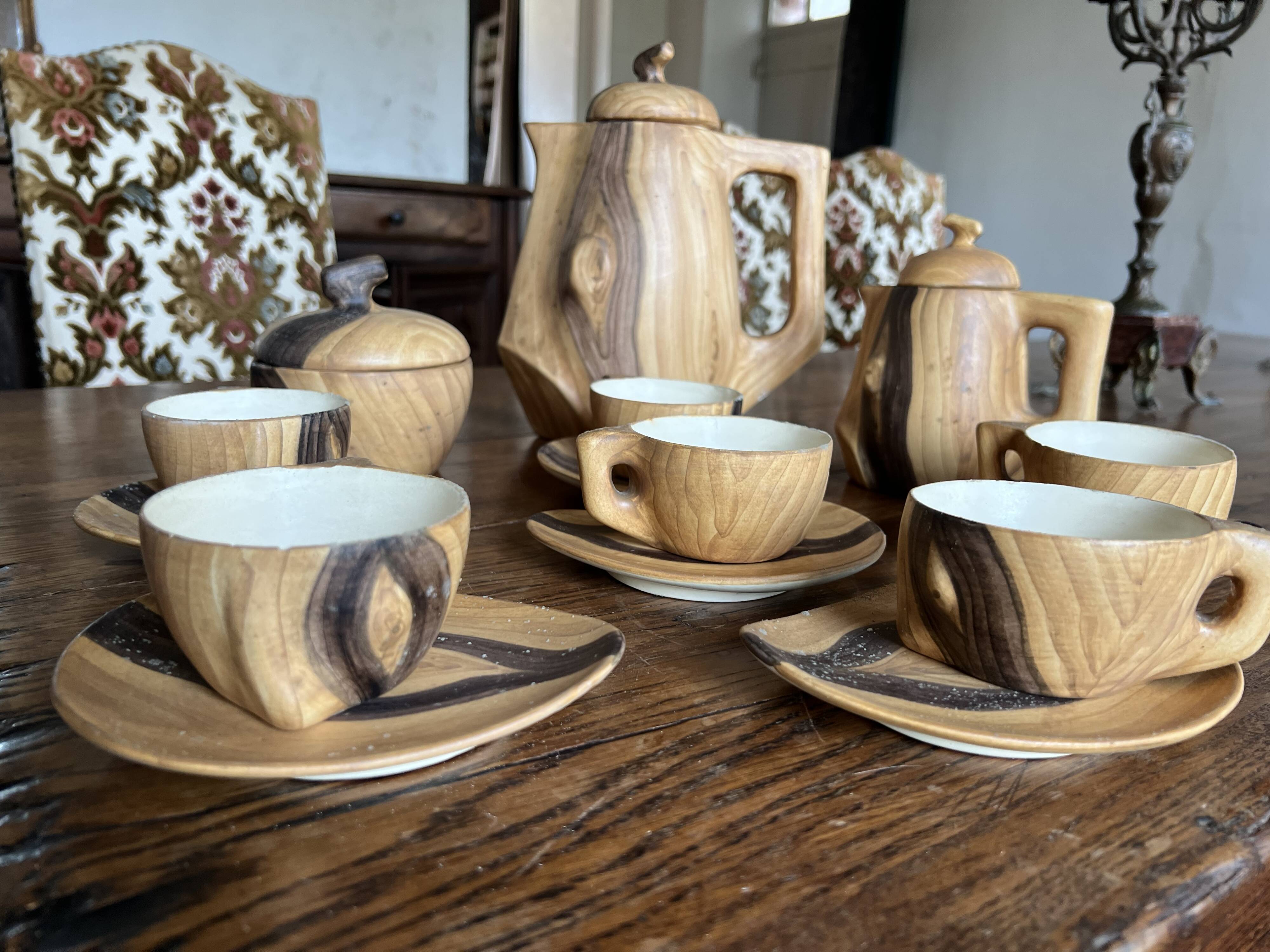 Wooden trompe-l'oeil coffee service – signed Vallauris Grandjean-Jourdan