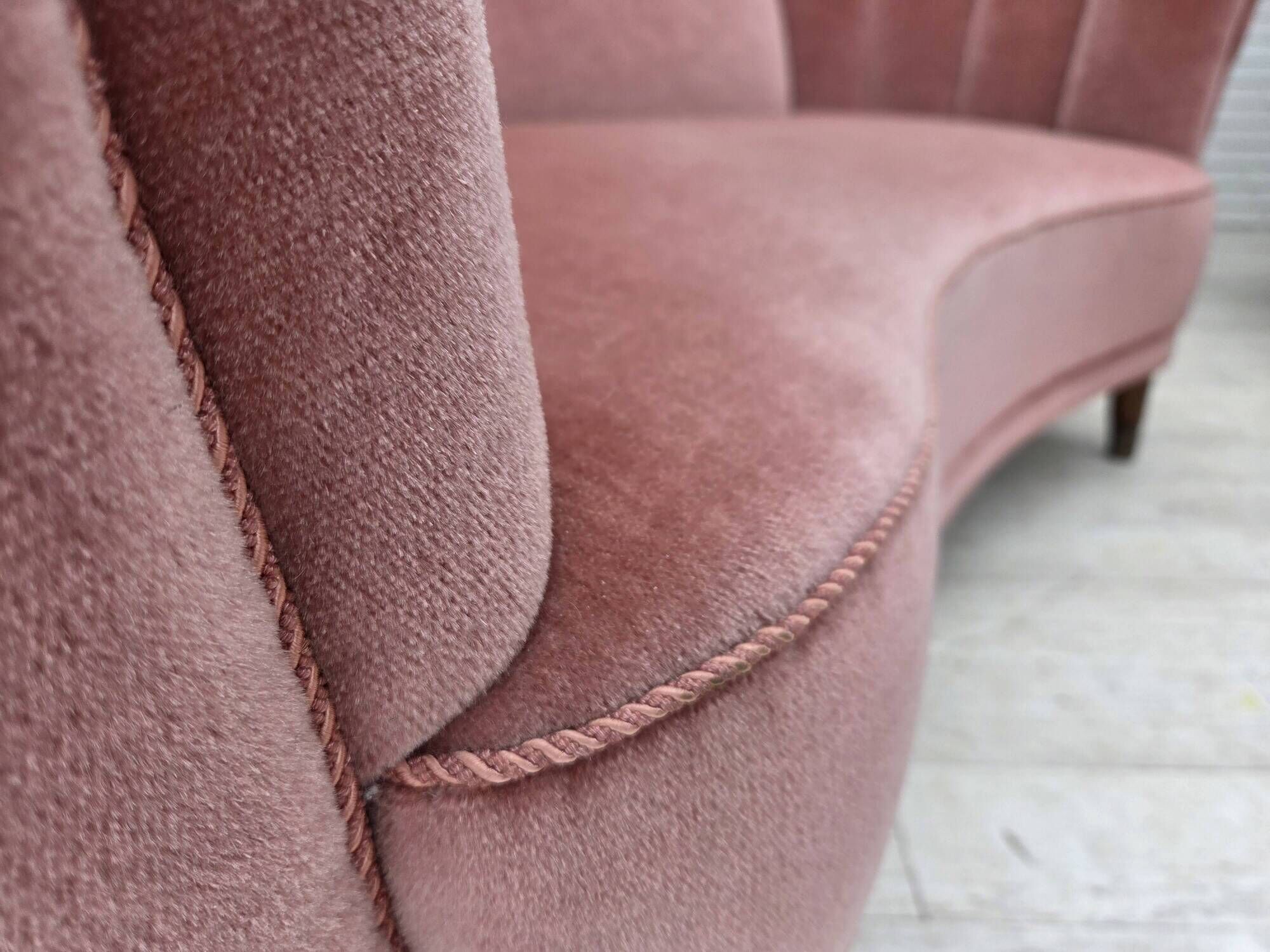 1970s, Danish 2-seater curved sofa, original salmon pink furniture velour.