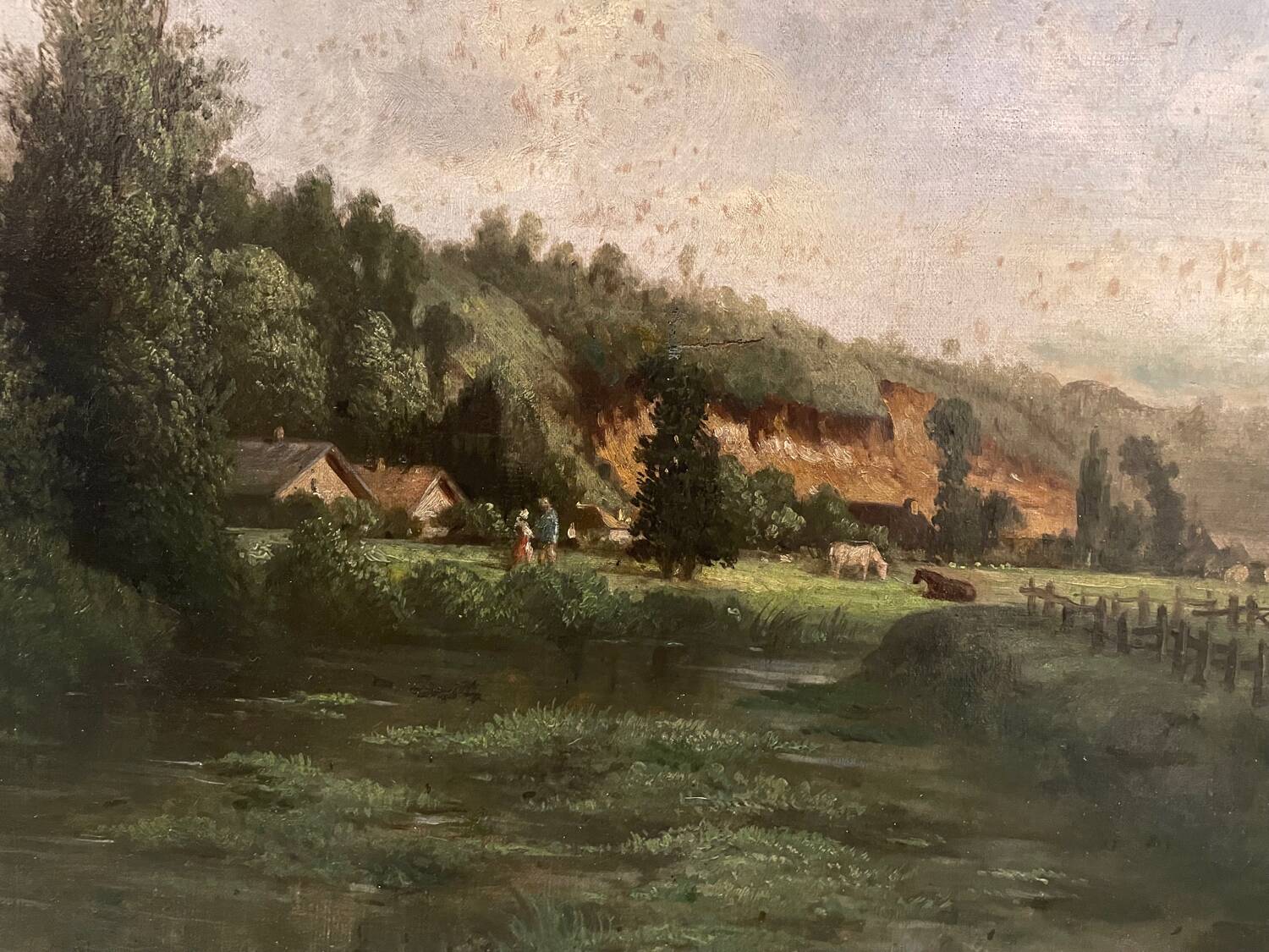 Tableau ancien paysage animé XIXe