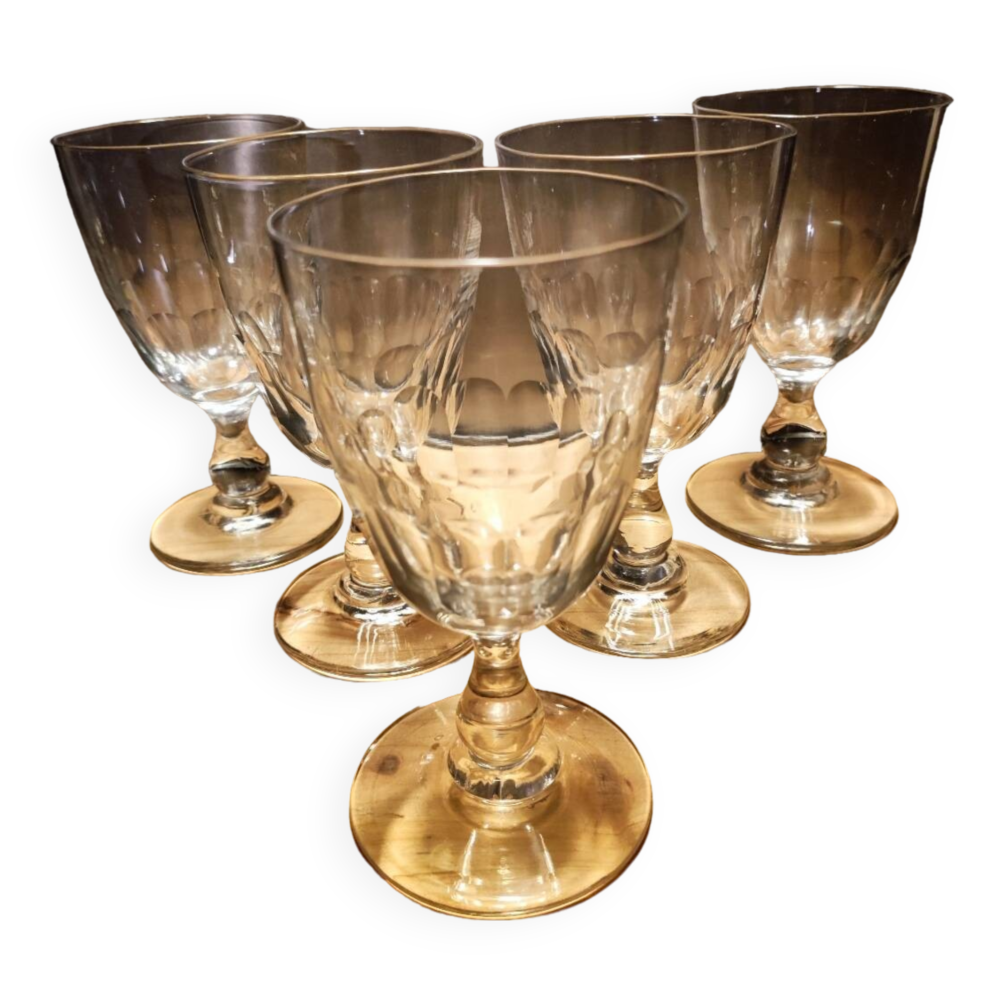 5 antique wine glasses with cut sides