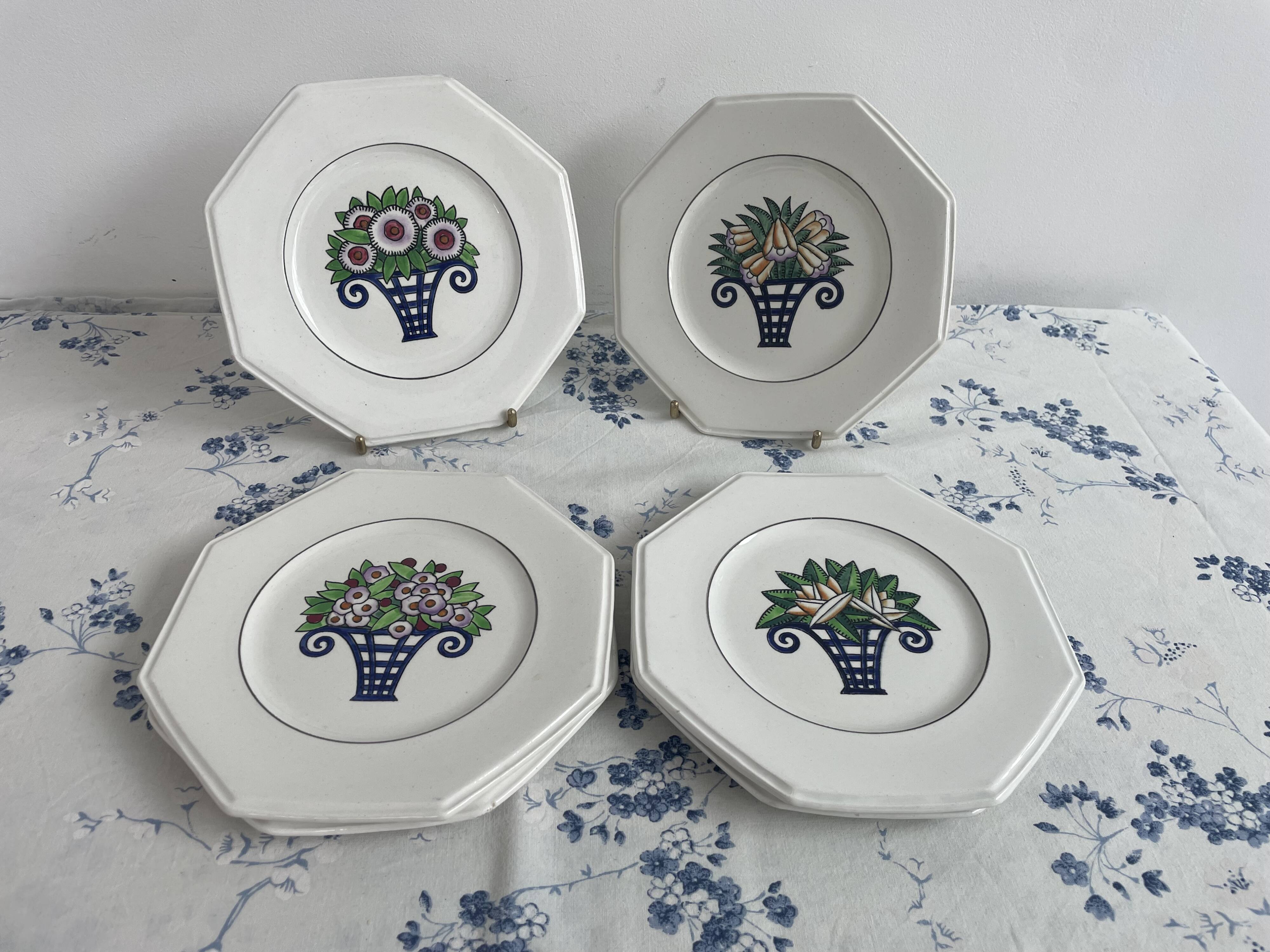Longwy Service of 6 Octagonal Plates, 1927–1928, Art Deco, stamped