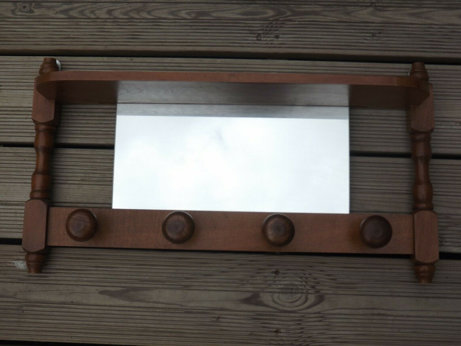 Vintage wooden wall coat rack with mirror and hooks, French, 3529