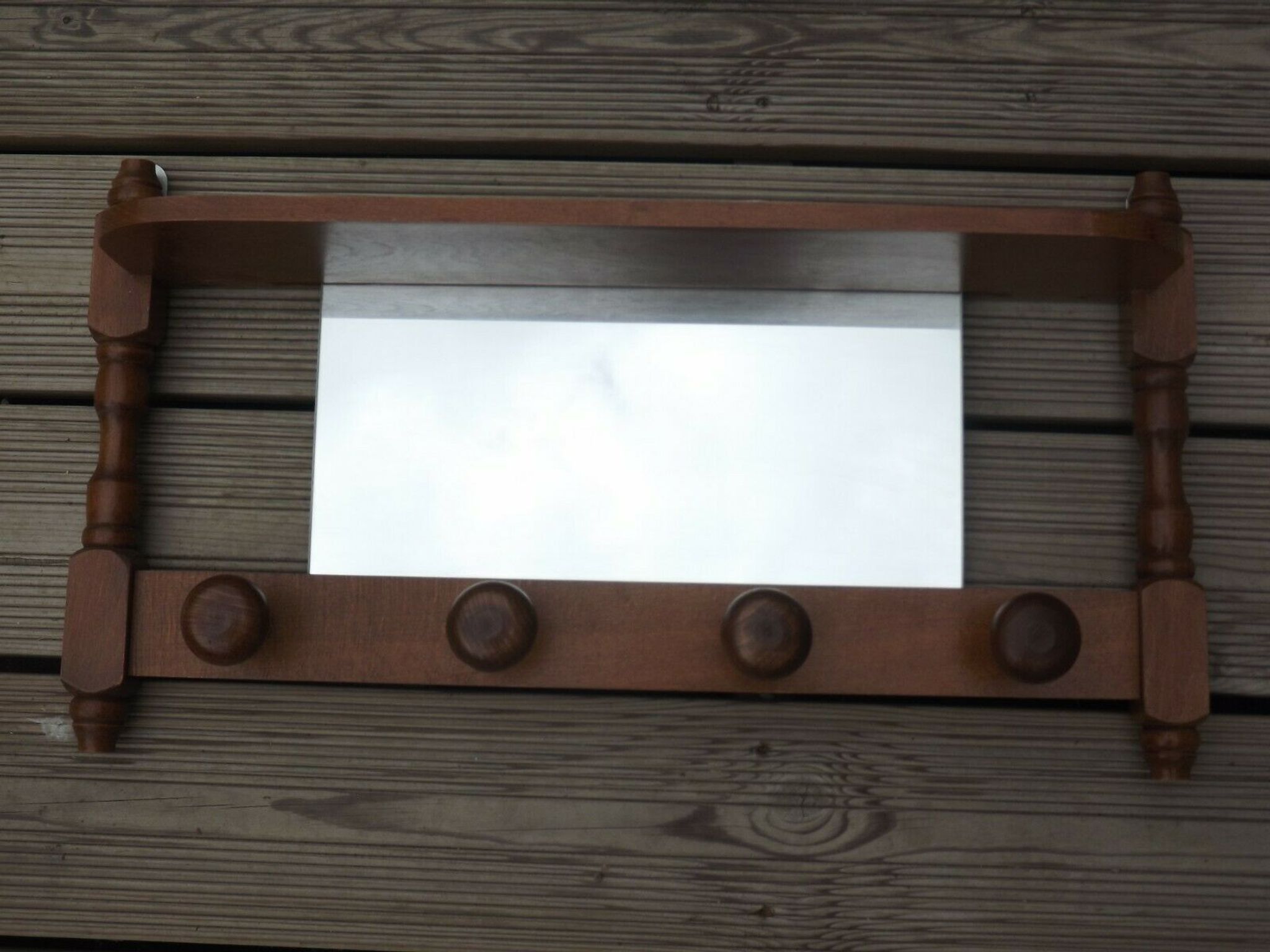 Vintage wooden wall coat rack with mirror and hooks, French, 3529