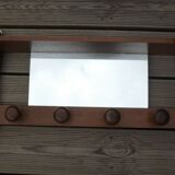 Vintage wooden wall coat rack with mirror and hooks, French, 3529