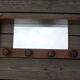 Vintage wooden wall coat rack with mirror and hooks, French, 3529