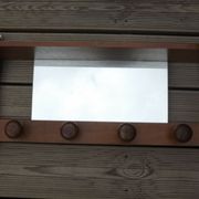 Vintage wooden wall coat rack with mirror and hooks, French, 3529