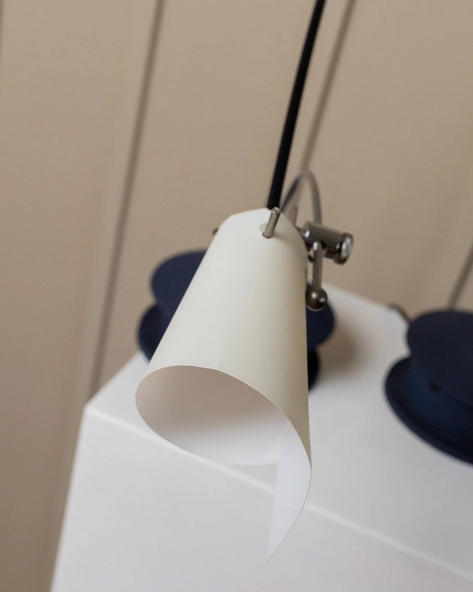 Vintage blue metal table lamp with adjustable chrome neck and white plastic origami shade, 1980s Italy