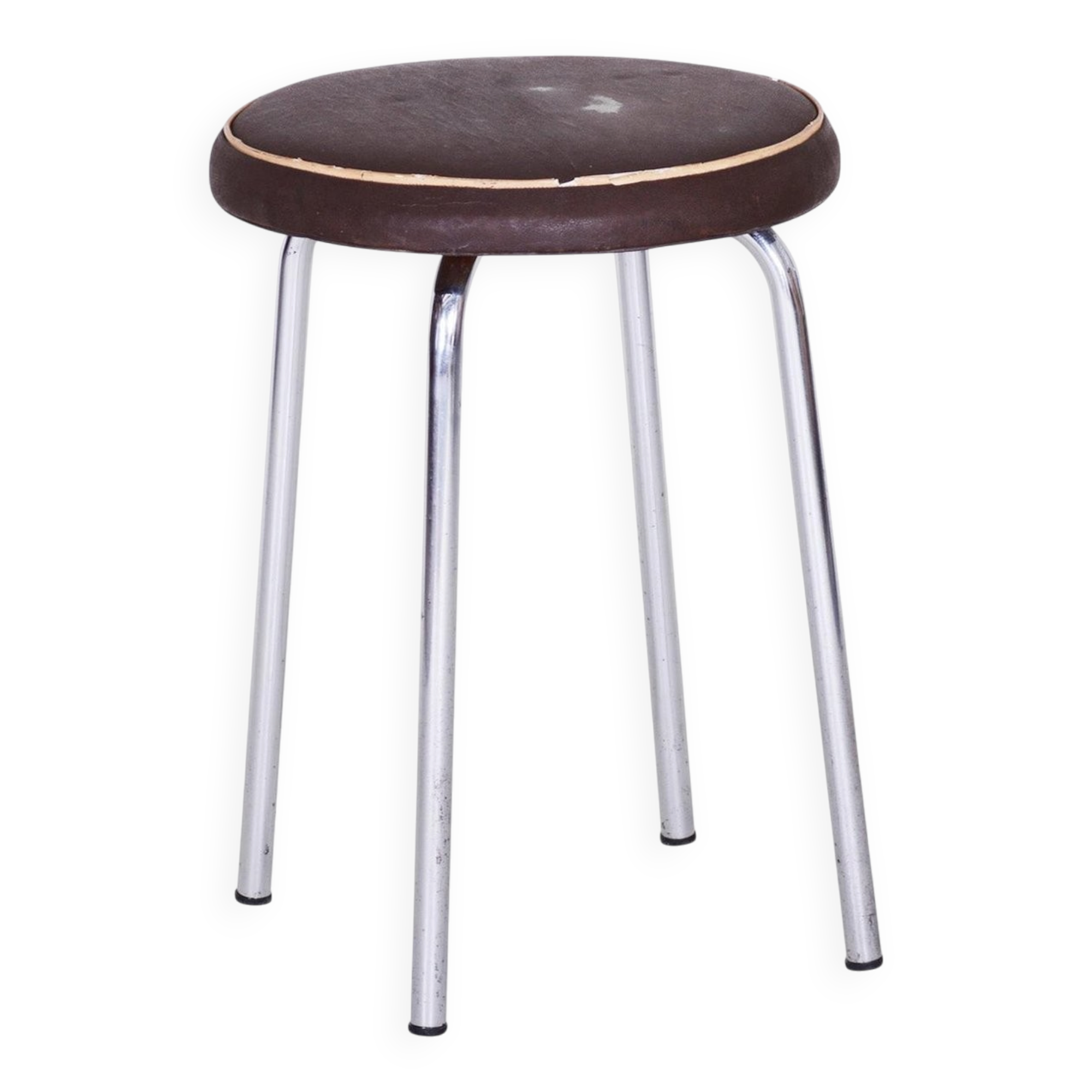 Small Bauhaus Round Leather & Chrome Stool by Robert Sezák, 1940s