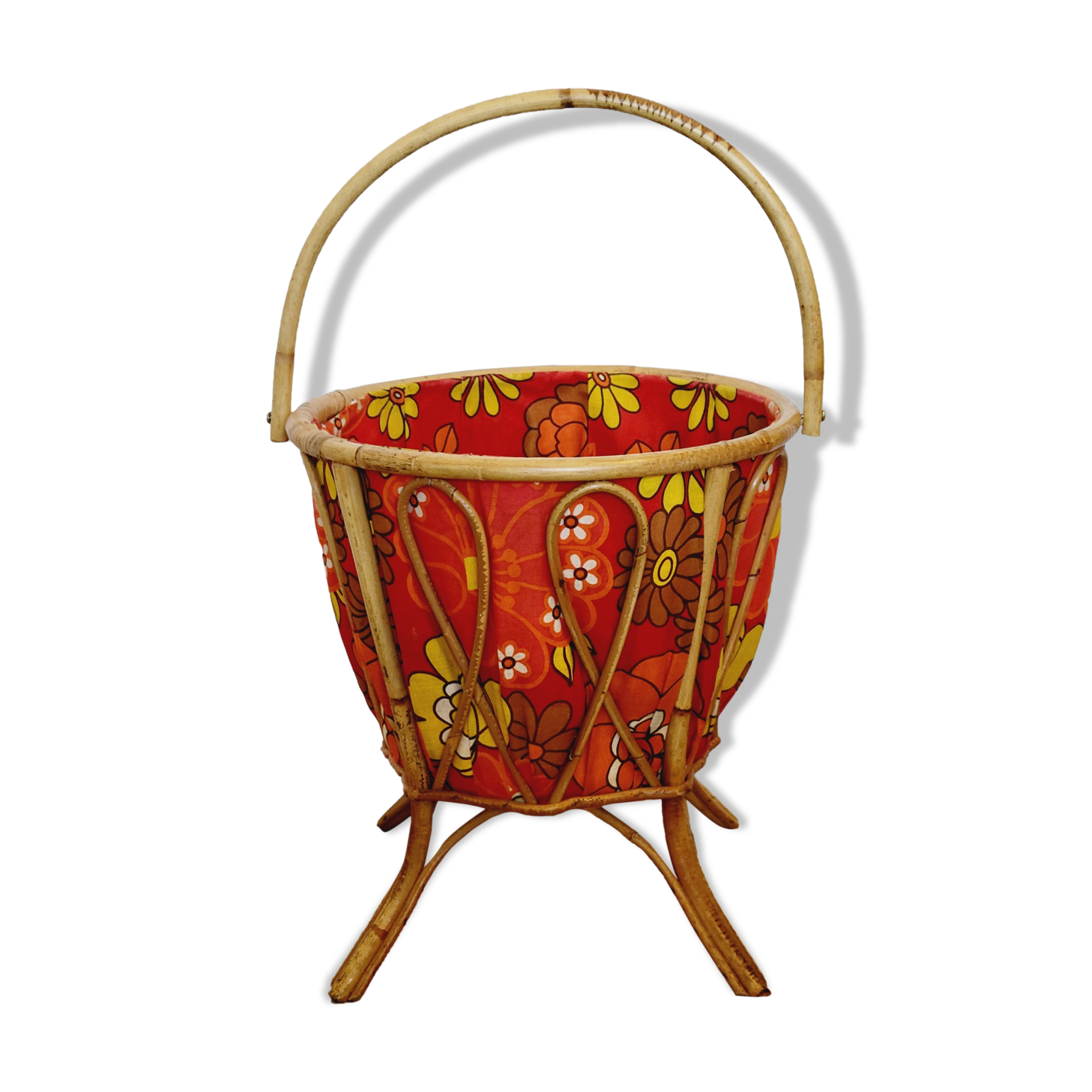 Travailleuse tricoteuse panier corbeille à ouvrage en rotin et tissu années 70