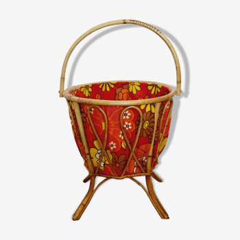 Knitting worker basket basket with rattan and fabric 70s
