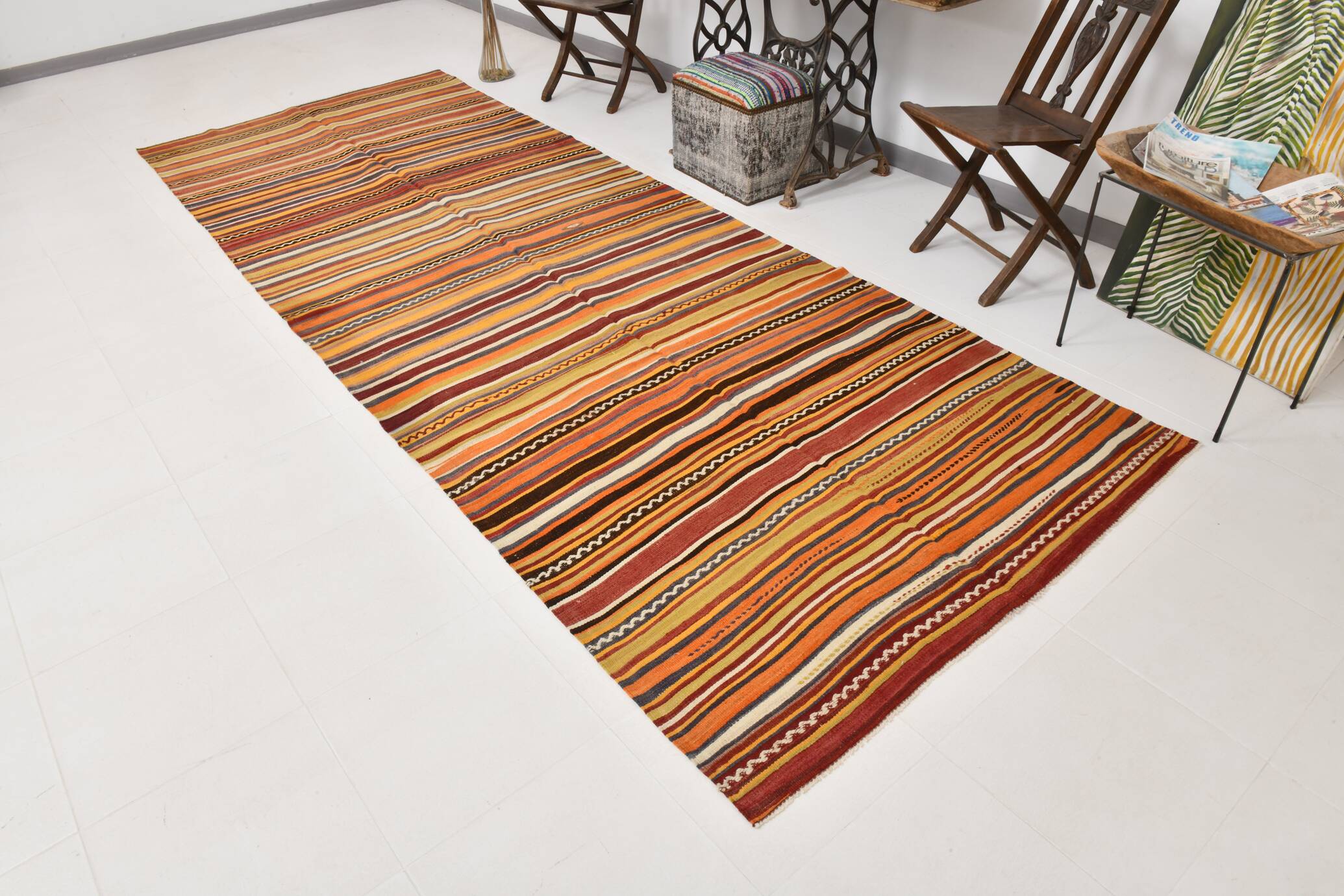 5x13 Orange Red Long Wide Vintage Kilim Rug, 149x402Cm SK 33068