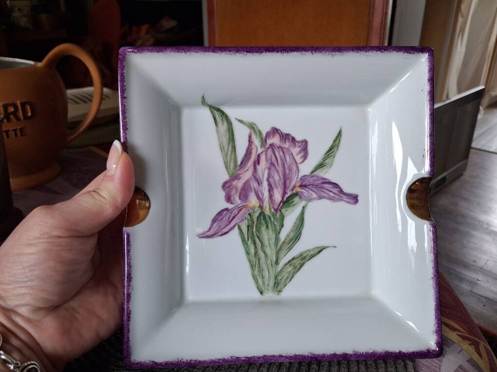 Sublime Pocket Bowl in Limoges Porcelain, Hand-Painted Iris & Gold Leaf