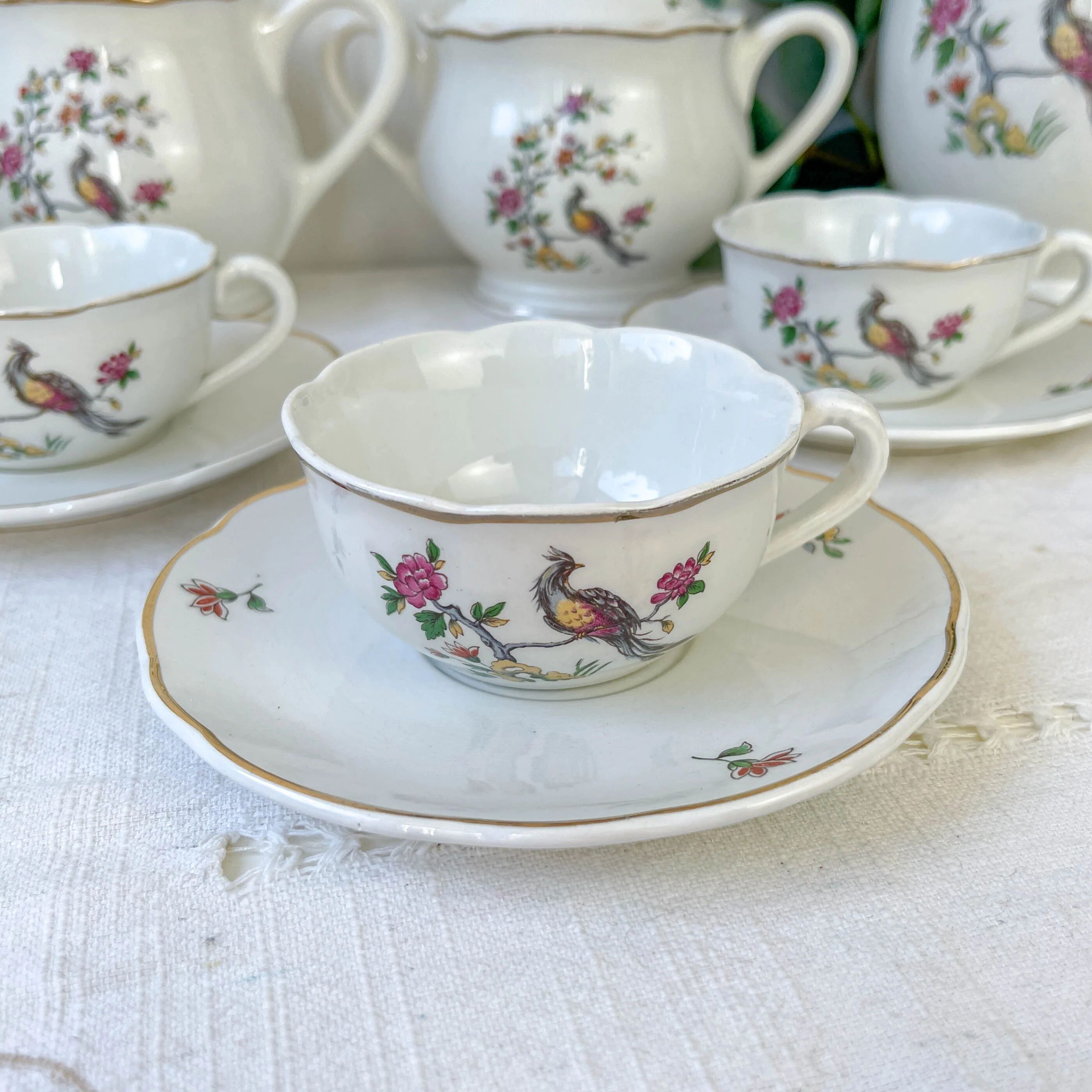 Service à thé vintage Digoin Sarreguemines – Modèle Corde – Motif Oiseau de Paradis