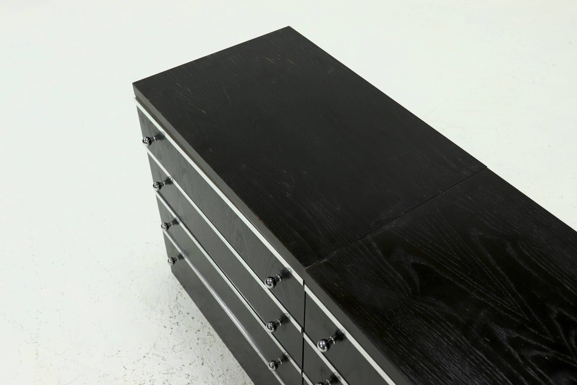 Pair Chest of Drawers in Ebonized Wood with Aluminium Accents 1980s