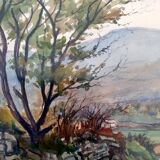 Aquarelle sur papier "Soir d'Automne, en Aveyron (vers Vendeloves)" signée, André Duculty (1912-1990)