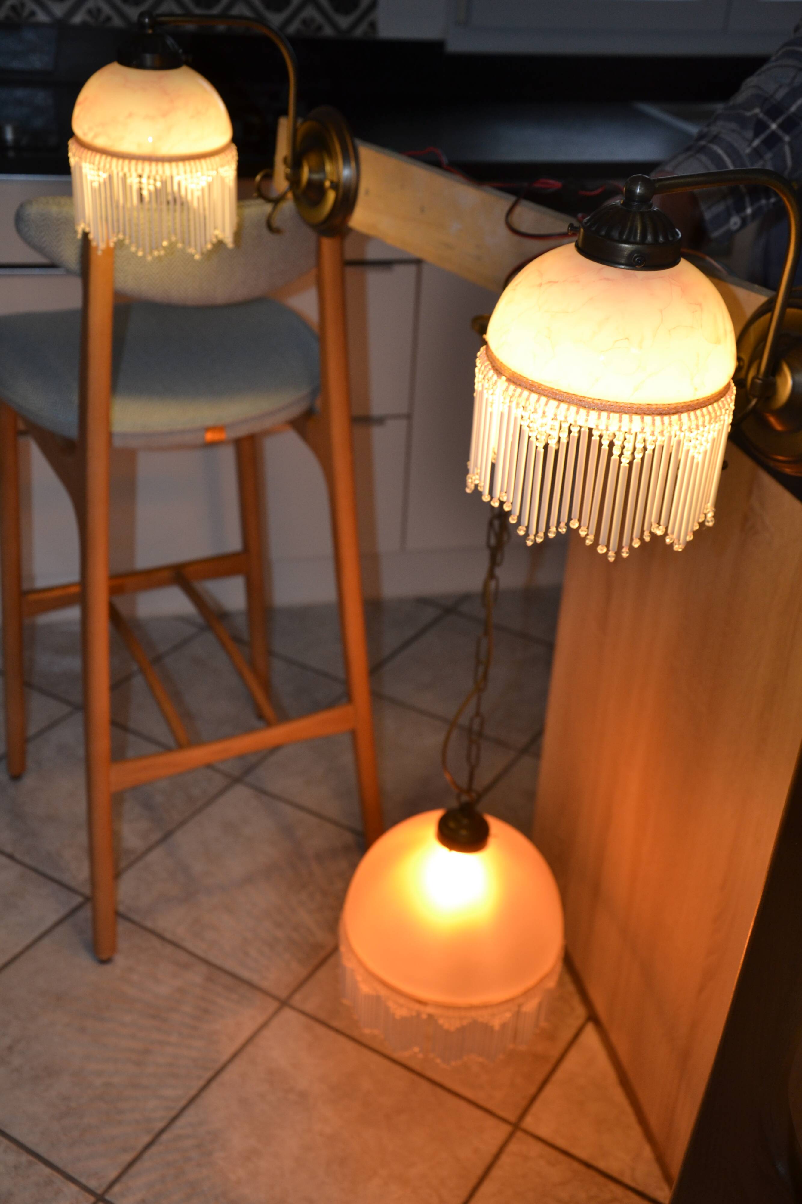 Opaline wall light with ceramic and glass pendants