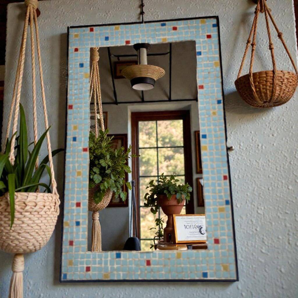 Vintage wall mirror in mint blue mosaic