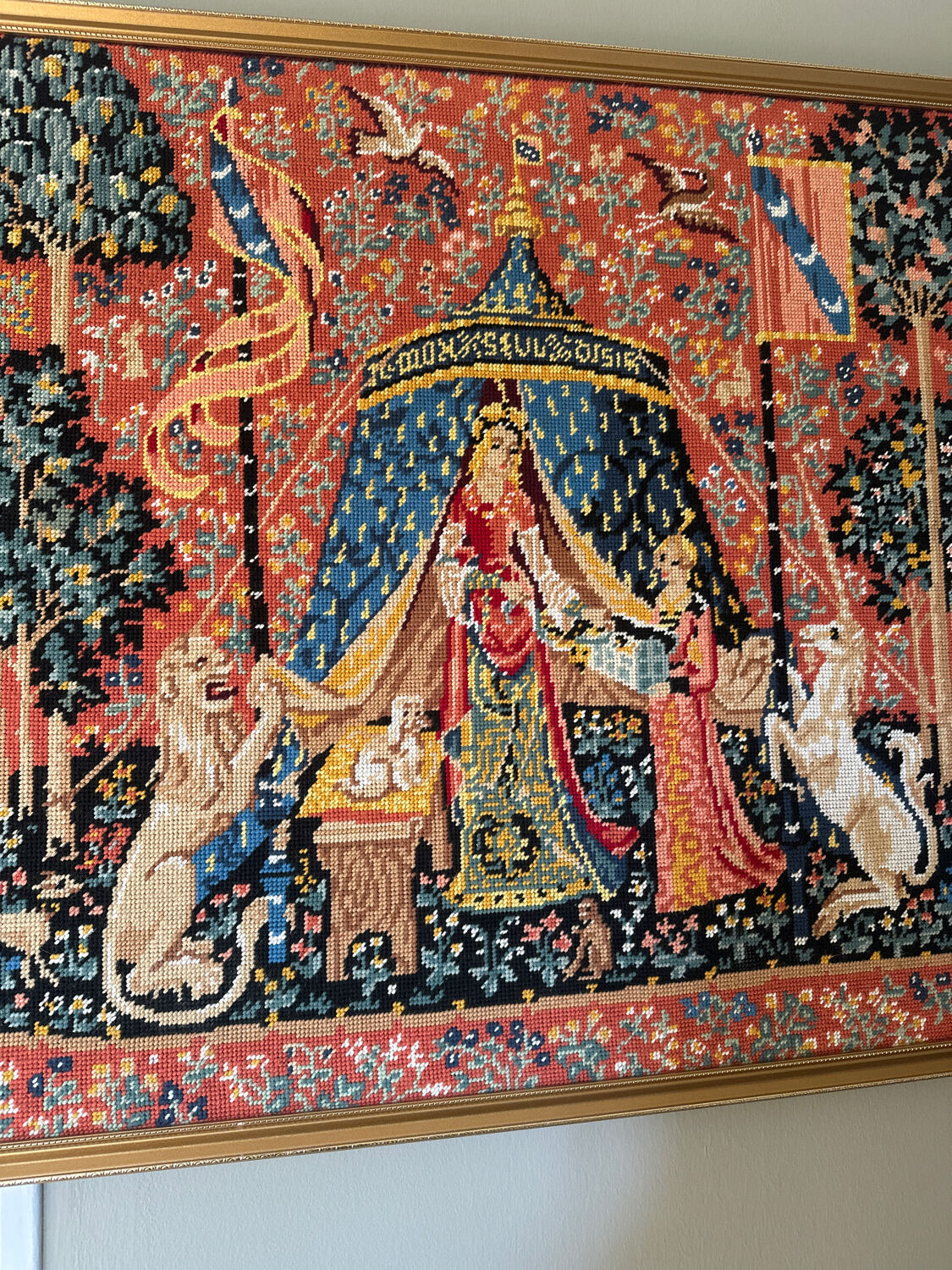 Large embroidered canvas "The Lady and the Unicorn" – To my only desire – Framed