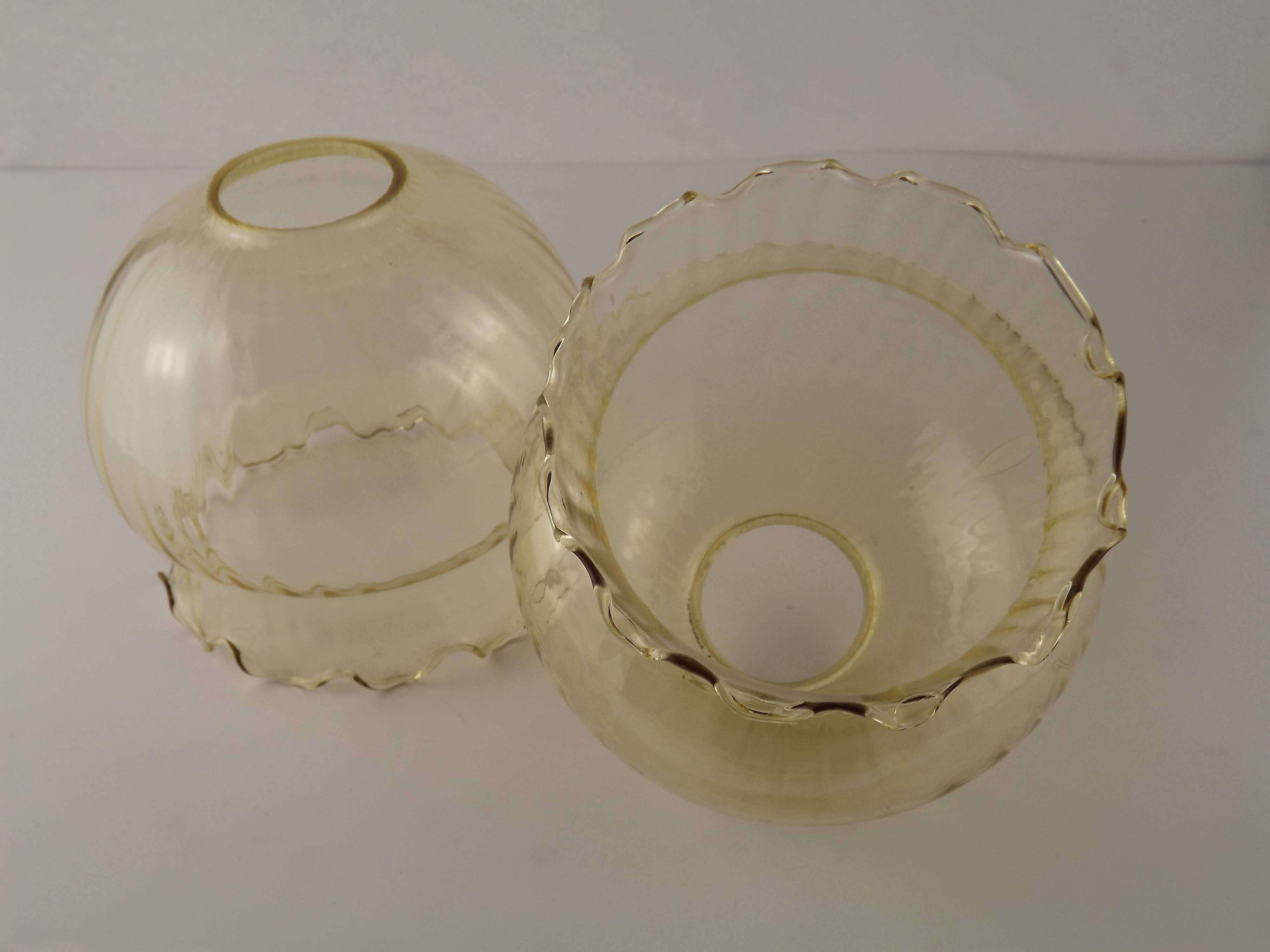 Set of 2 Vintage French Amber Ribbed Effect Glass Shades with Frilled Edge 5595