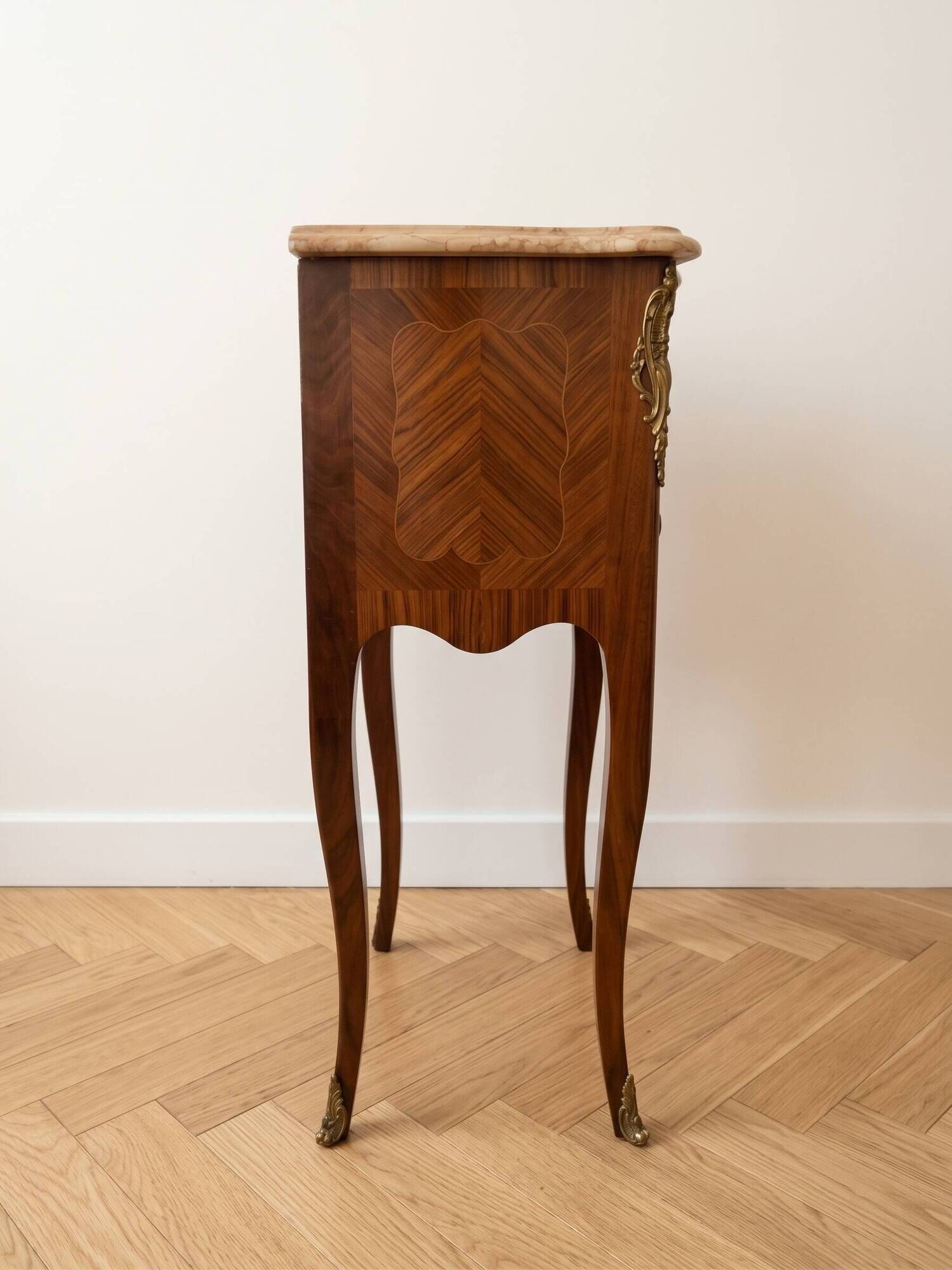 Louis XV style bedside table in marquetry wood and marble