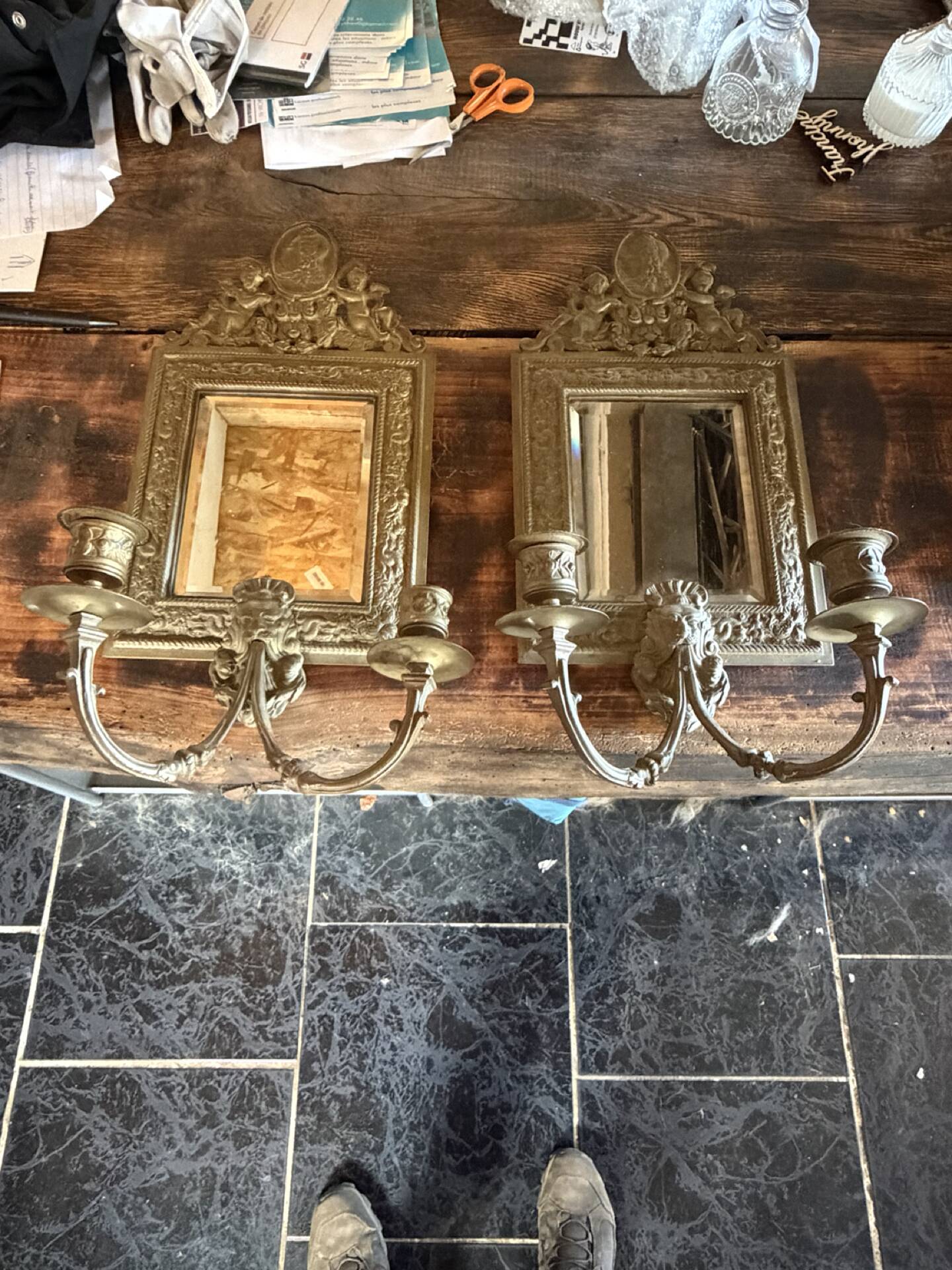 Pair of antique mirror candle holders in Louis XVI / Napoléon III style.