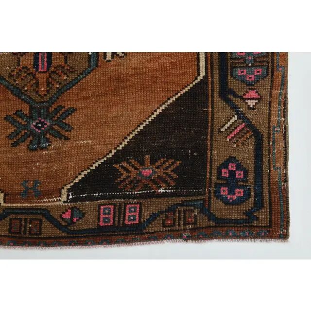 Vintage Turkish Oushak Handmade Wool Cotton Brown Runner Rug 128296