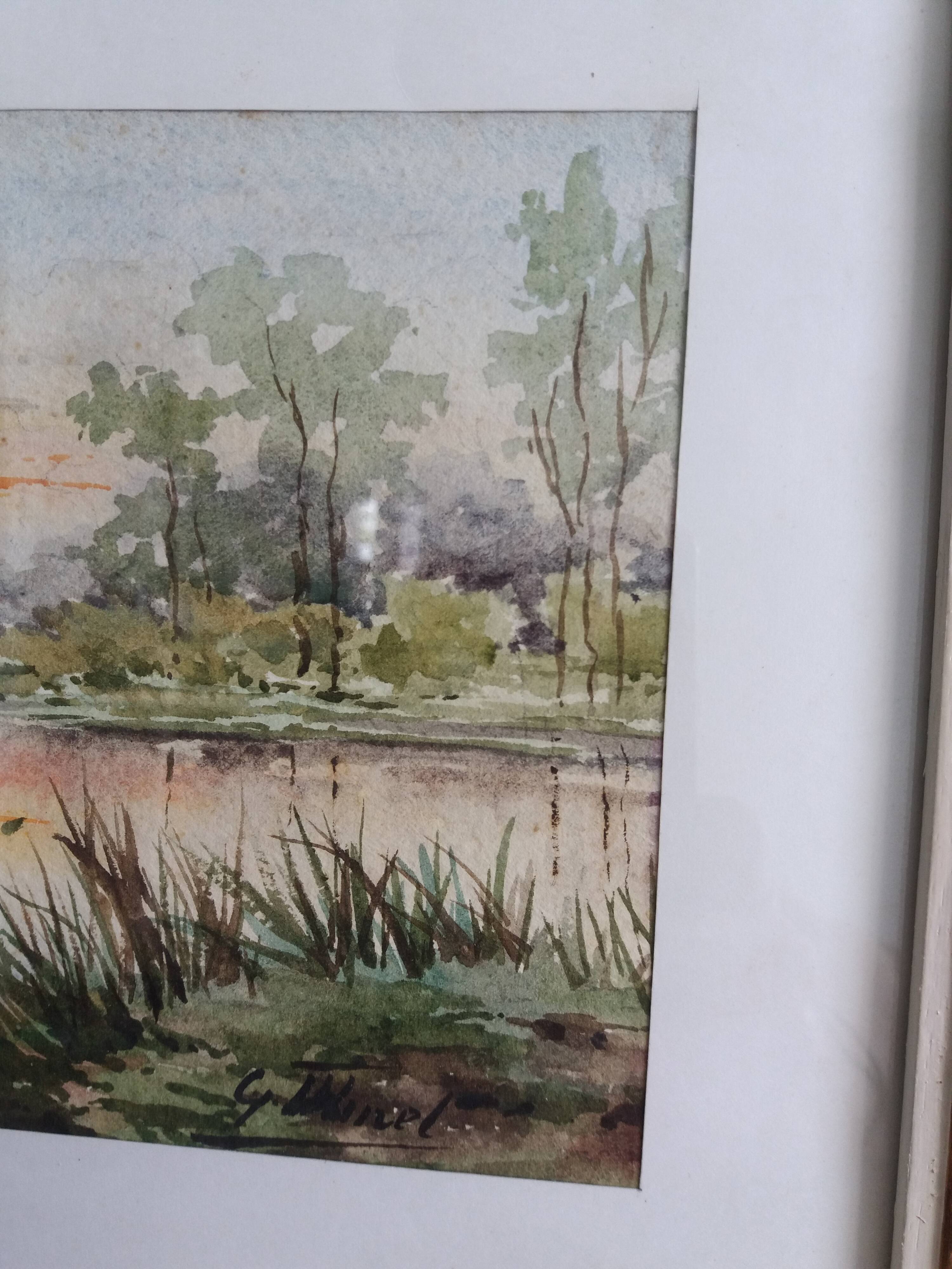 Watercolor signed Thinel, landscape, Marais Poitevin