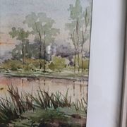 Aquarelle signée Thinel, paysage,  marais poitevin