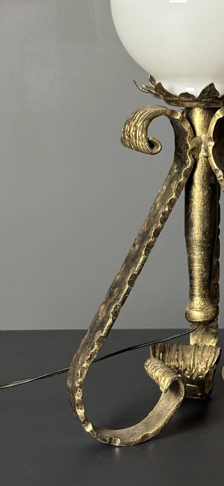 Midcentury brutalist wrought iron and opaline table lamp, Spain ca 1960s