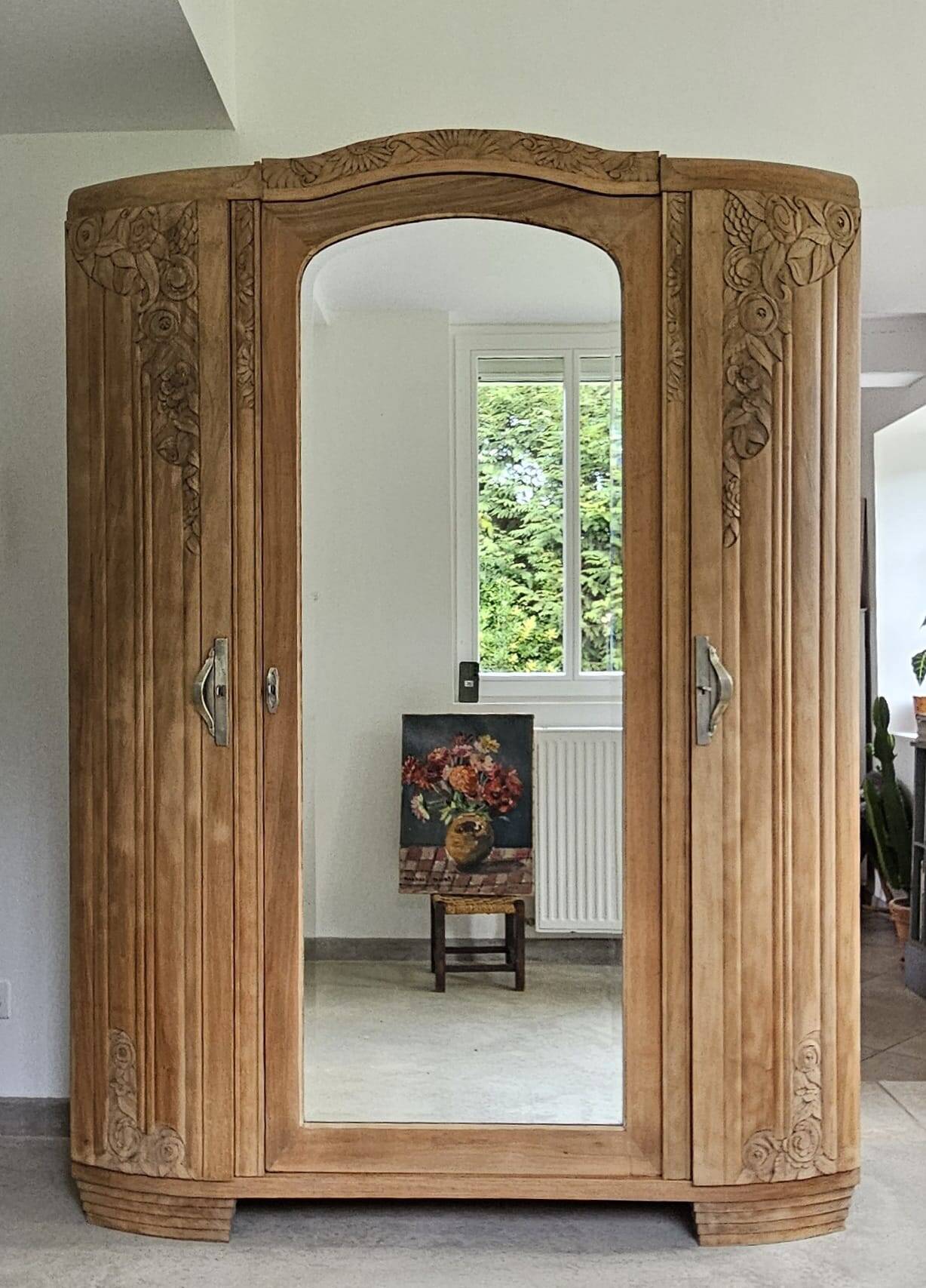 Armoire Art déco, 3 portes, 1 miroir, sablée