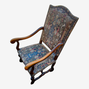 Fauteuil trône ancien en bois de noyer louis XIII tapisserie capitonnage d'origine XIXe